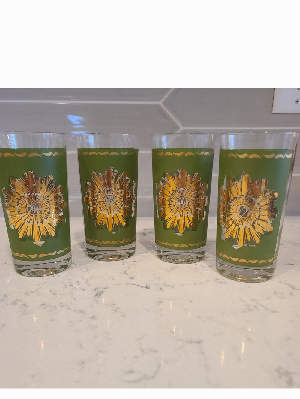 Green Vintage Glasses with Gold & Yellow Floral Medallions - Set of 4